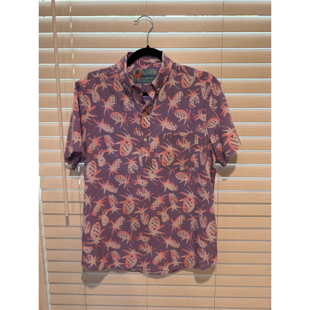 Chubbies Mens Small Purple Pineapple Print Short Sleeve Popover Button‎ Down